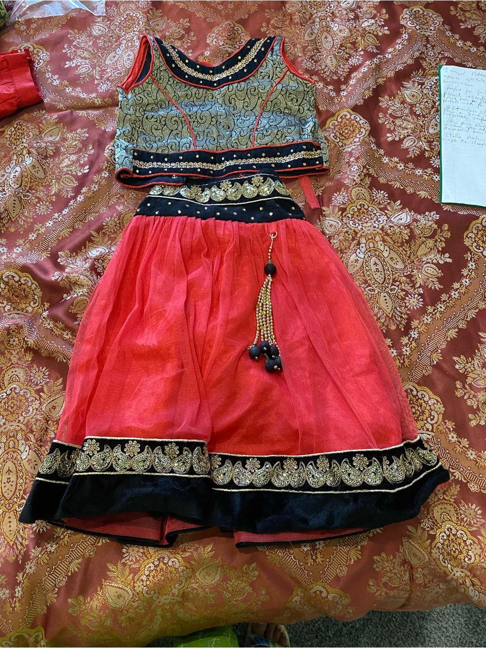 Black and Red Embroidered Lehenga Set with Gold Accents